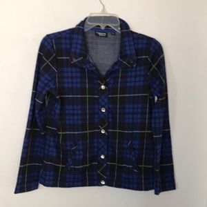 BLUE PLAID SHIRT JACKET W/RHINESTONE SNAPS & POCKETS SZ SP EXCELLENT CONDITION